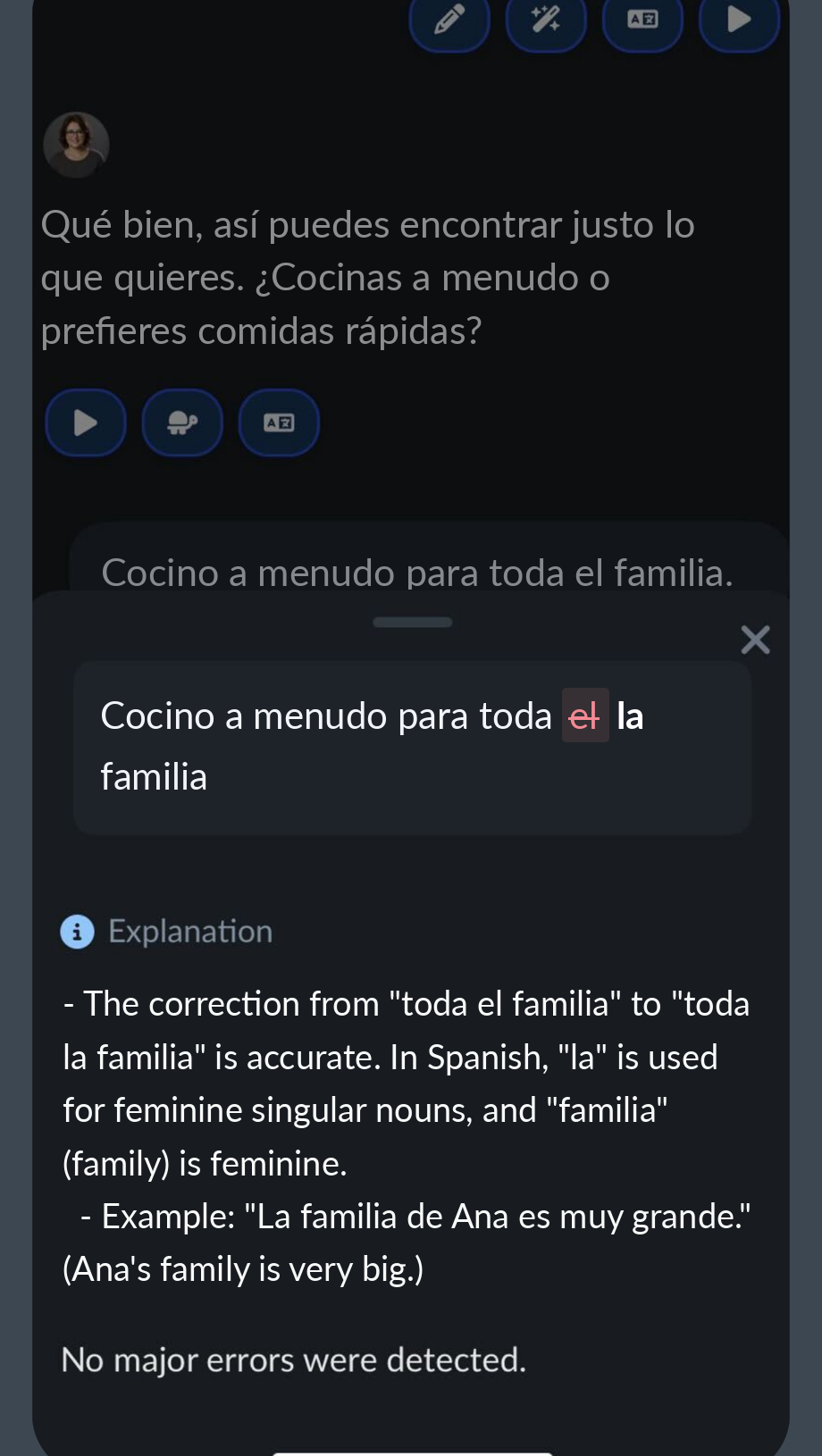 Langua's chat UI showing a live Spanish correction, with the wrong word struck through and the fix in bold